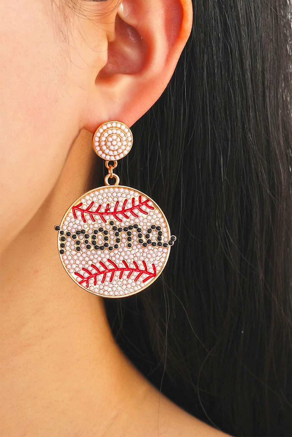 Shewin Wholesale Clothing White Beaded mama Baseball Shape Earrings