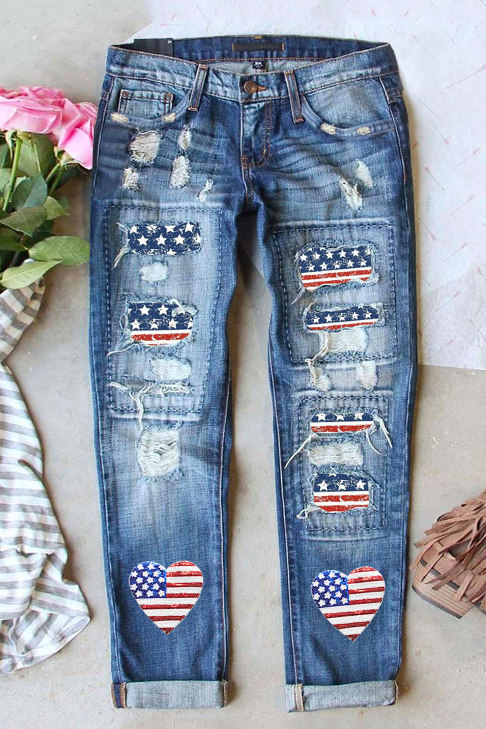 Shewin Wholesale Apparel Sky Blue American Flag Print Ripped Graphic JEANS
