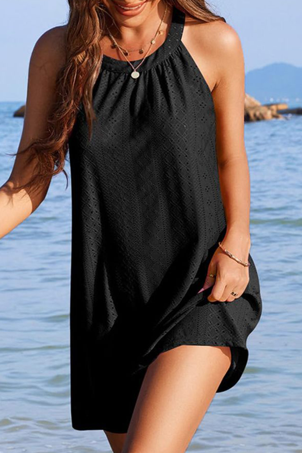 Black Solid Color Eyelet Halter Neck Sleeveless Beach Dress