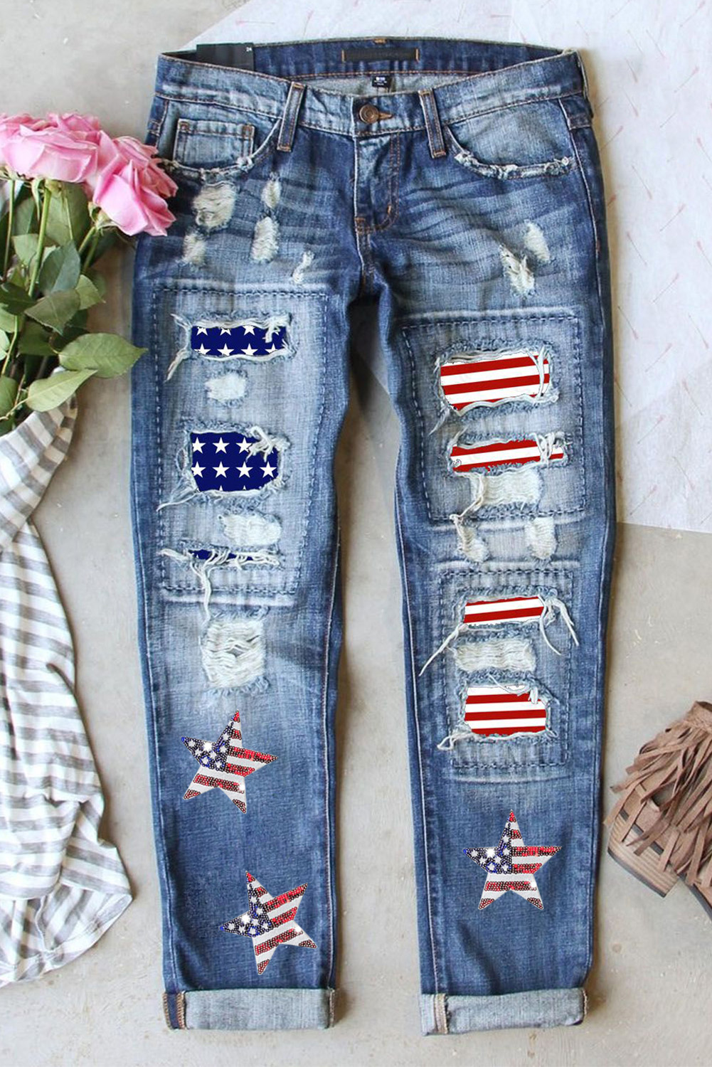 Shewin Wholesale Apparel Sky Blue American Flag Graphic Straight Leg Ripped JEANS