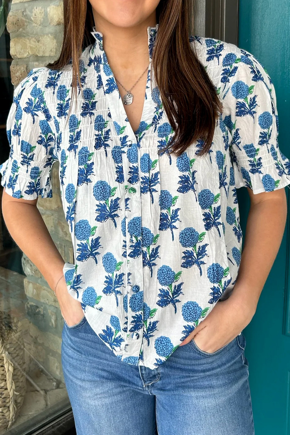 Dusk Blue Hydrangea V-Neck Short Sleeve Blouse