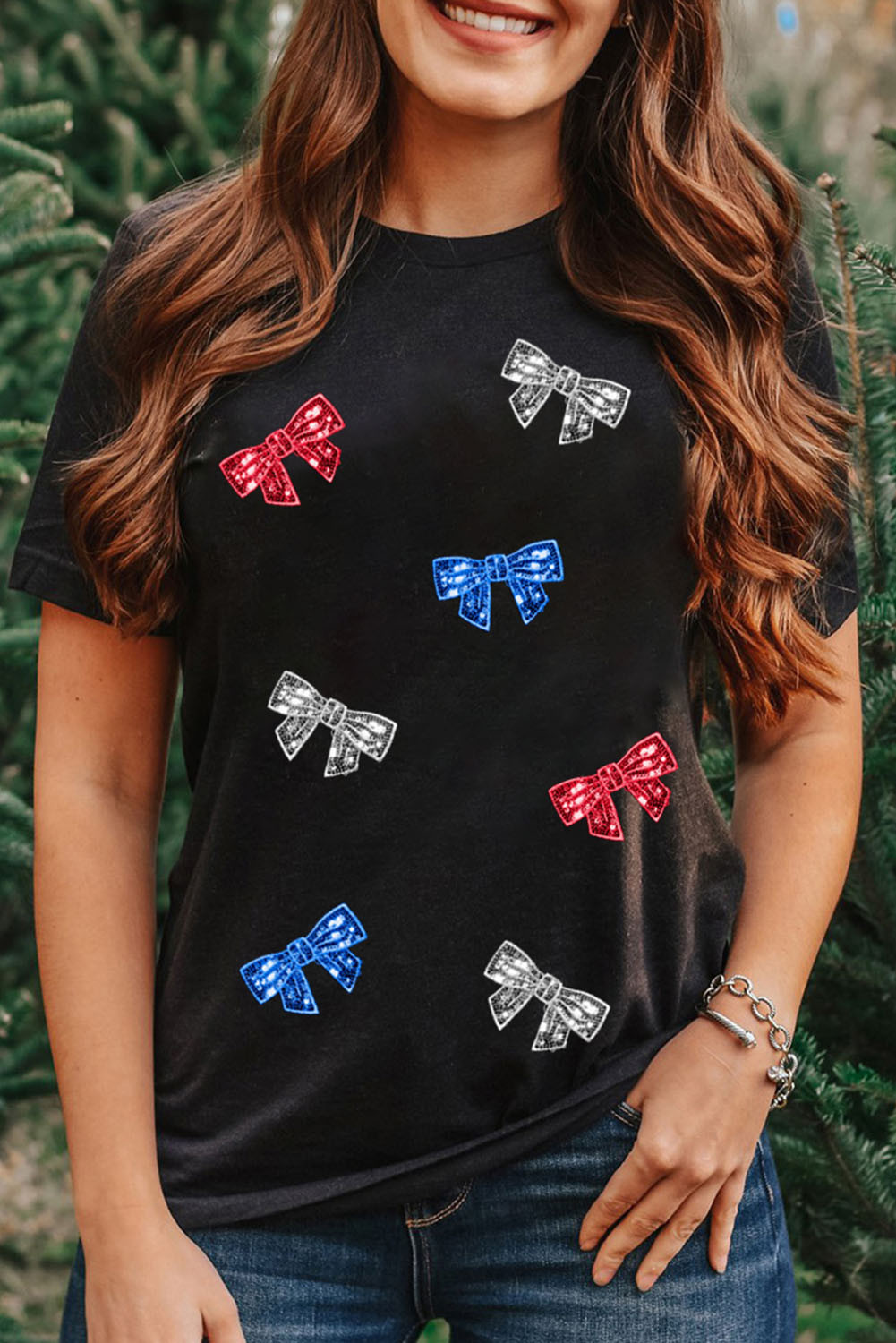 Black Bow Knot Graphic Round Neck T Shirt