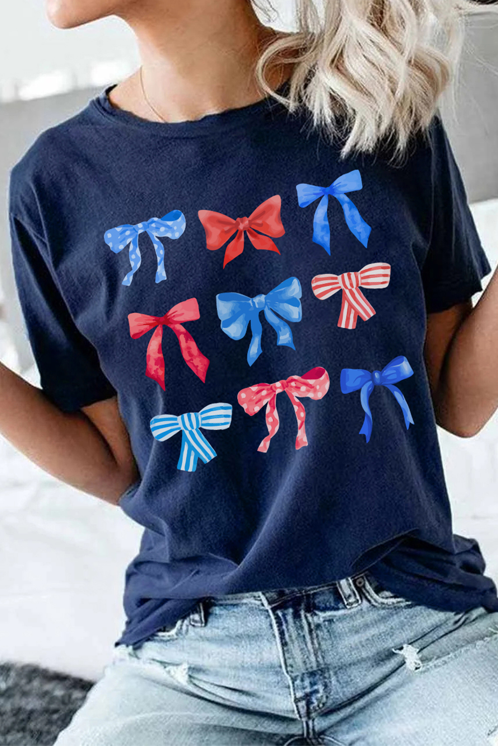 Shewin Wholesale NEW arrival Blue American Flag Bow Knot Graphic Round Neck Tee
