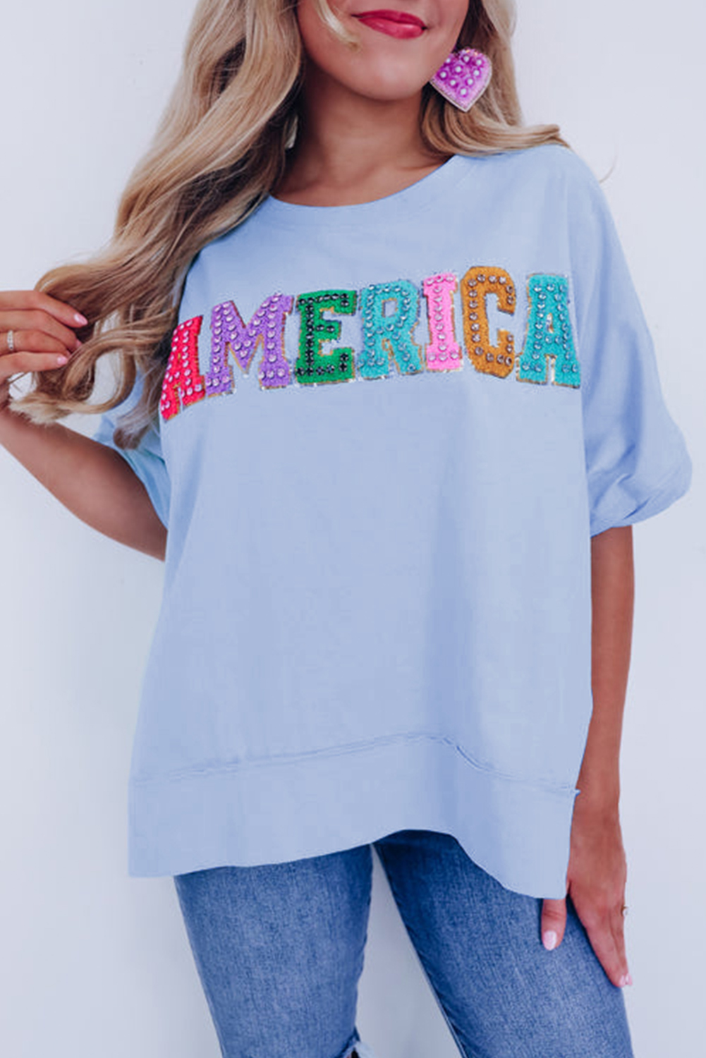 Shewin Wholesale Clothing Mist Blue AMERICA Letter Patched Split Loose T SHIRT