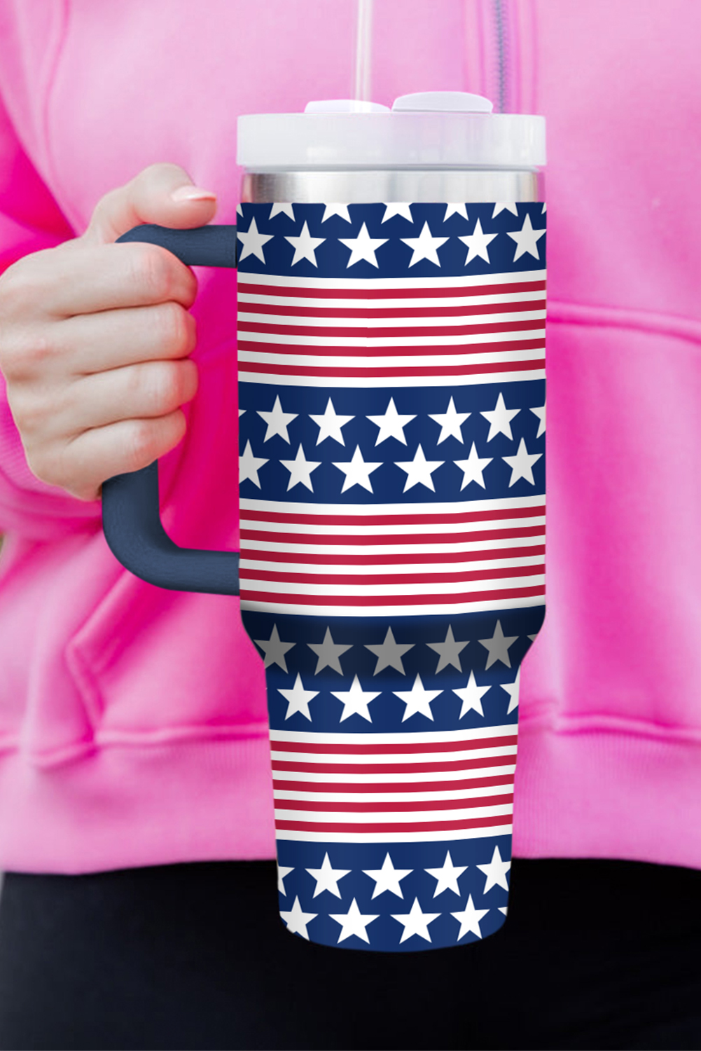 Shewin Wholesale Stores Bluing Stars and Stripes Print Handled Thermos Cup 1200ml