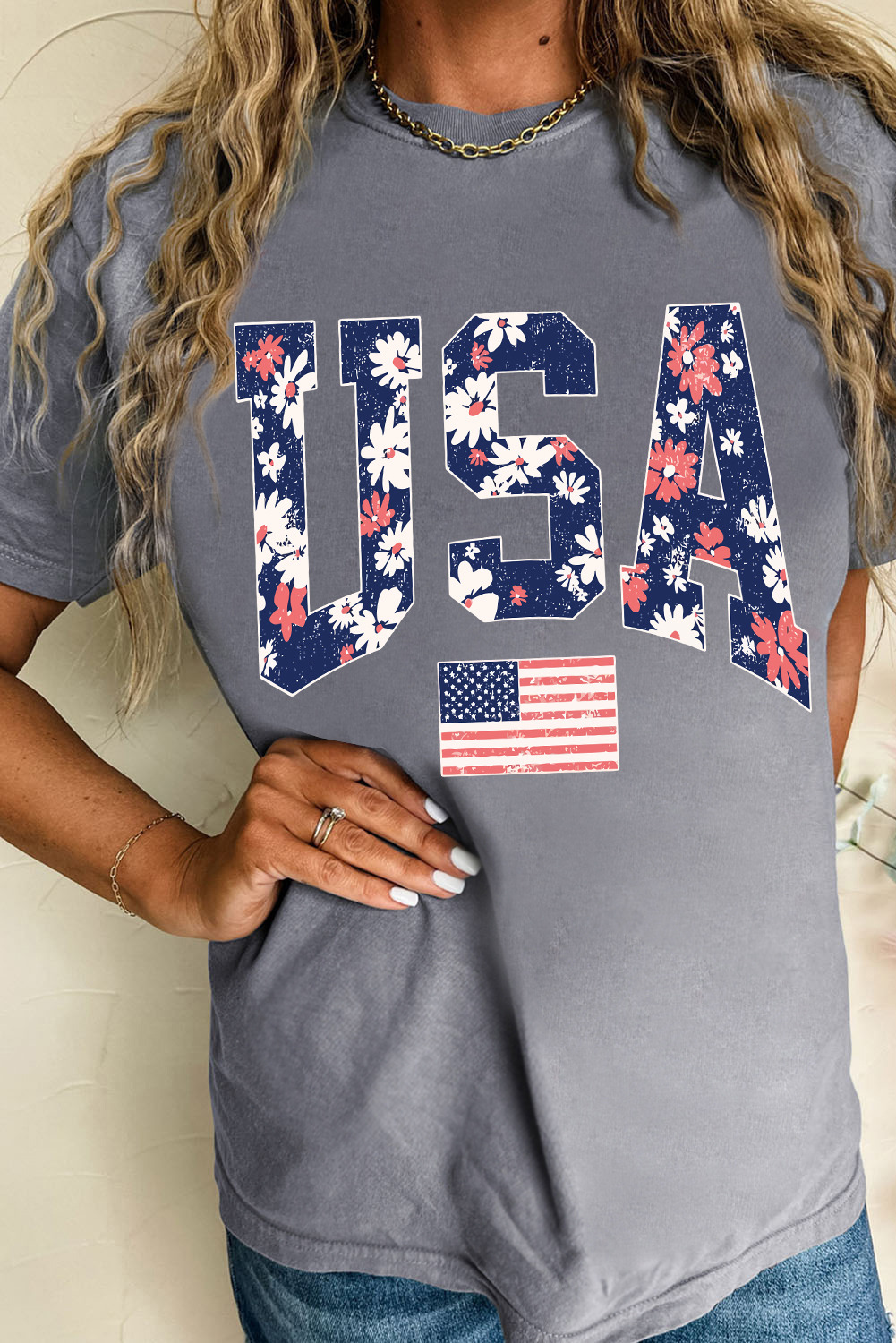 Shewin Wholesale Fall Gray Floral USA FLAG Graphic Roll Up Sleeve Tee