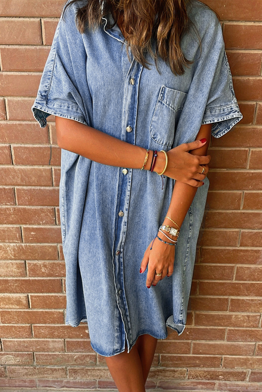 Shewin Wholesale Chic Female Light Blue VINTAGE Wash Loose Denim Shirt Dress