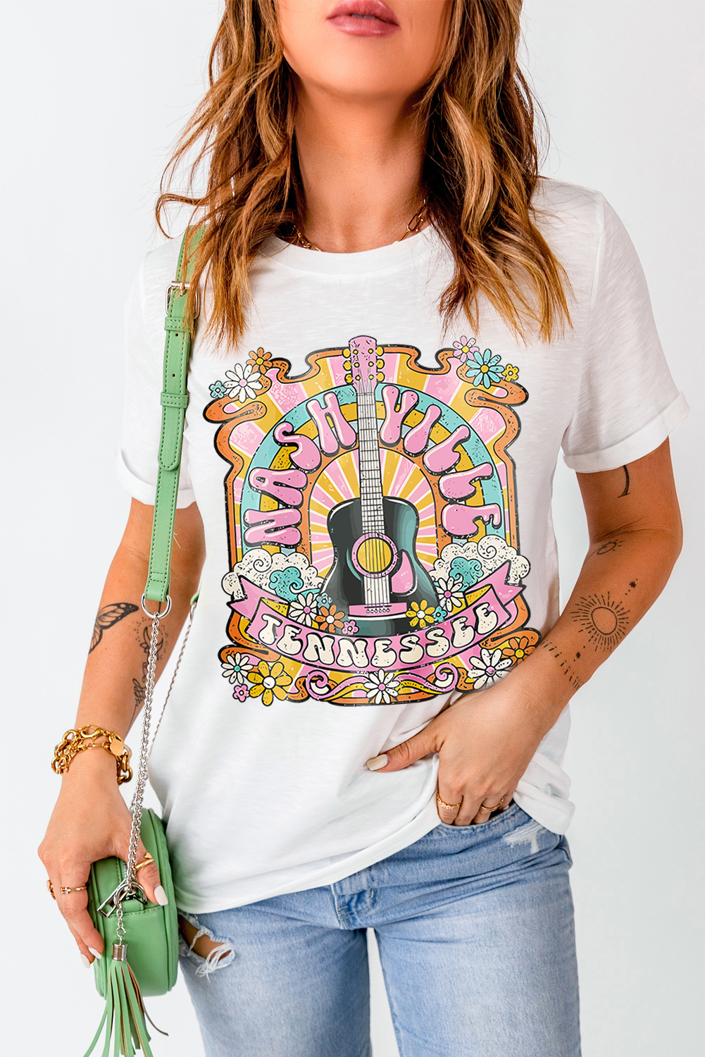 Shewin Wholesale Casual White MUSIC Festival Nashville Letter Print Graphic Tee