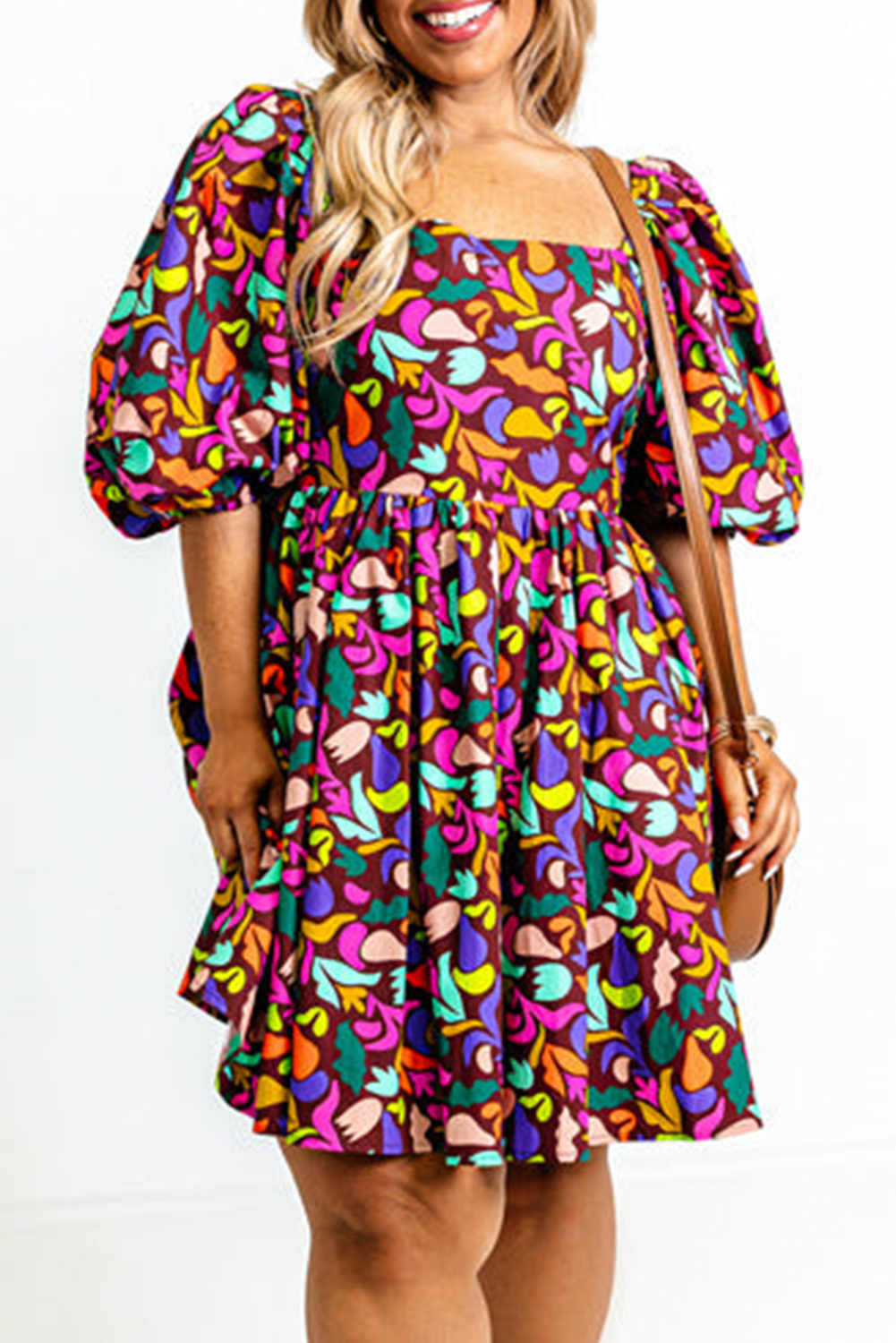 Purple Plus Size Abstract Print Puff Sleeve Short Flare DRESS