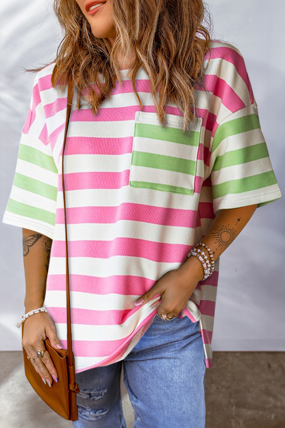 Shewin Wholesale Dropshipping Pink Stripe Patch Pocket Drop Sleeve Slits T SHIRT