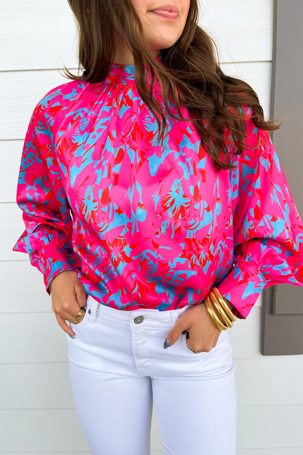 Purple Abstract Stand Neck Puff Sleeve Blouse