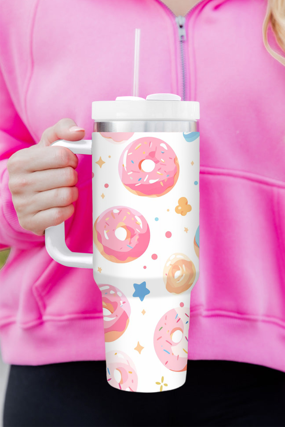 Shewin Wholesale Clothes White Doughnut Pattern Stainless Vacuum Cup with Handle 40oz