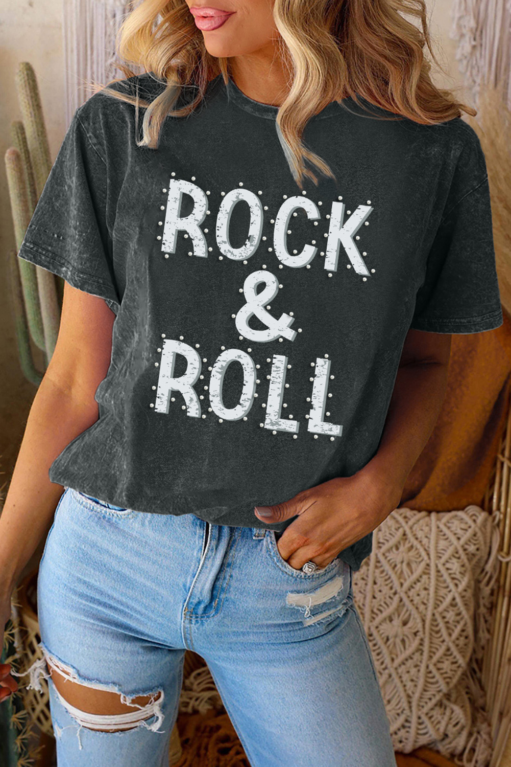 Black ROCK & ROLL Beaded Mineral Wash Graphic Crewneck T SHIRT