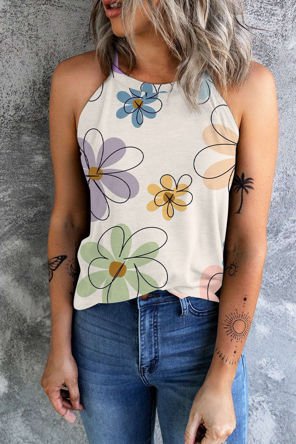 Beige Summer Flower Print Round Neck Tank Top