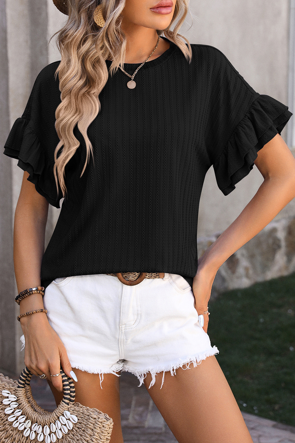 Shewin Wholesale Elegant Black Solid Color Textured Layered Ruffle Sleeve T SHIRT