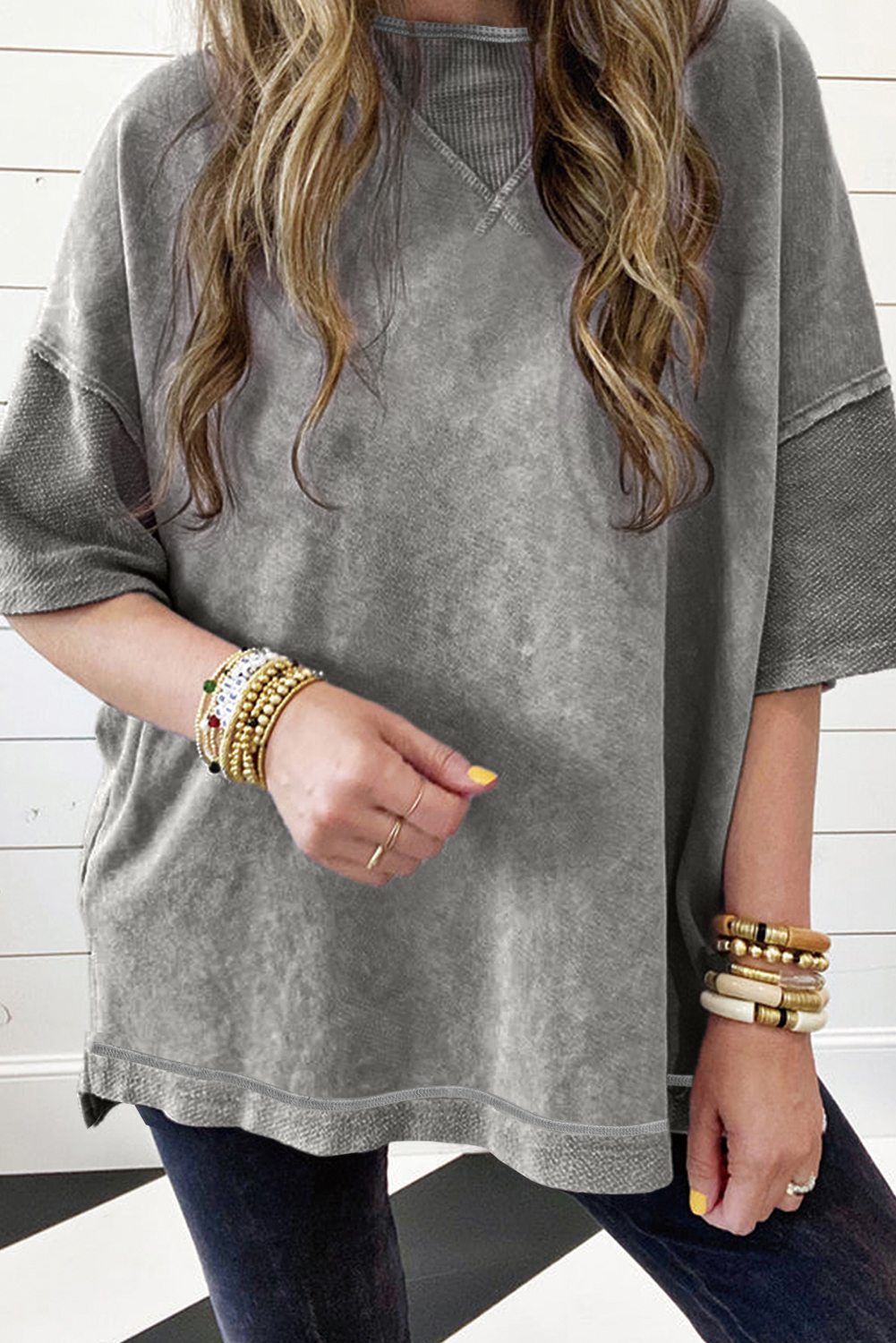 Shewin Wholesale Customized Gray Mineral Wash Exposed Seam Drop Shoulder Oversized Tee