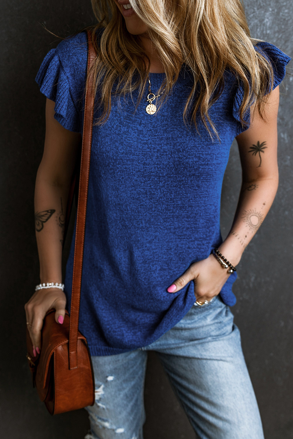 Dark Blue Solid Color Knitted Ruffle Sleeve Blouse