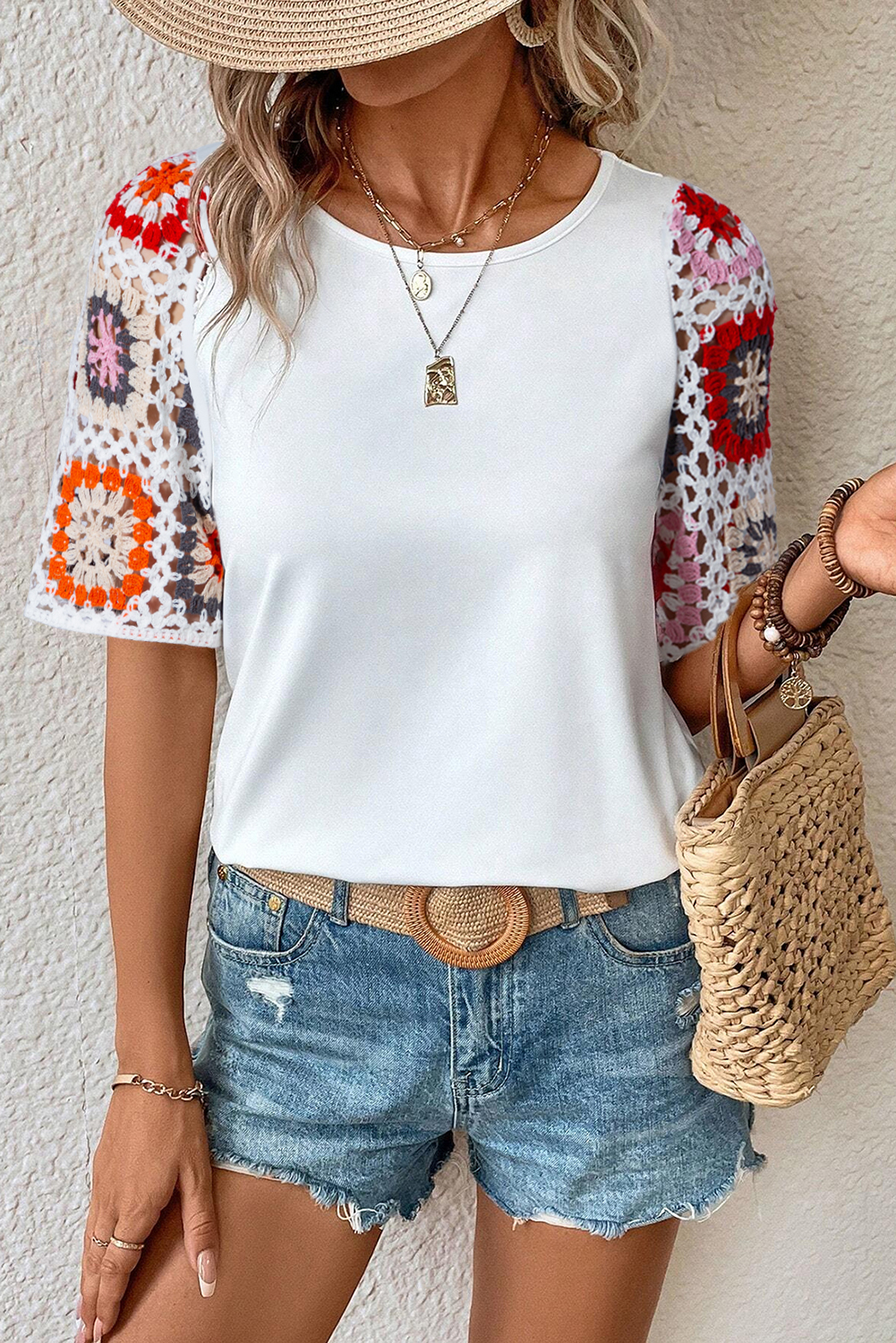 Shewin Wholesale Dropshipping White Floral Hollowed Crochet Sleeve Boho T SHIRT