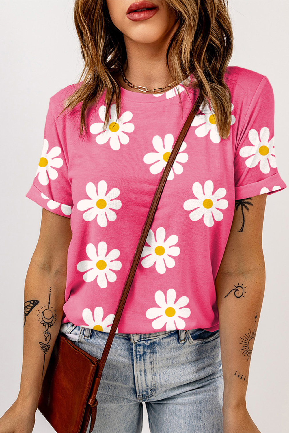 Shewin Wholesale NEW arrival Pink Daisy Print Crewneck T Shirt