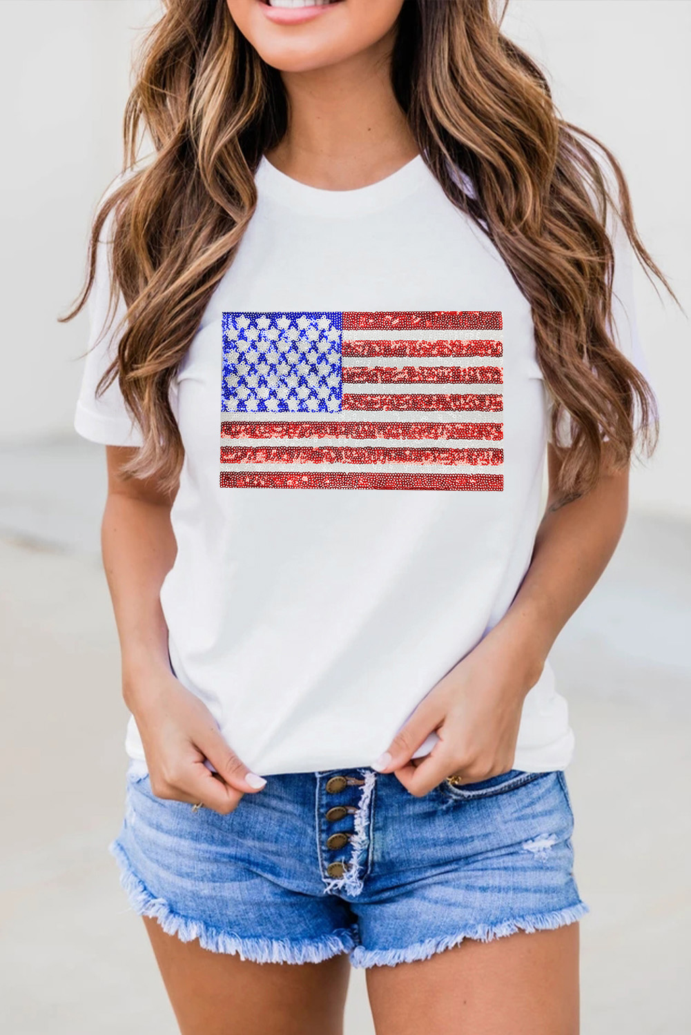 White Shimmery USA FLAG Graphic Round Neck Tee