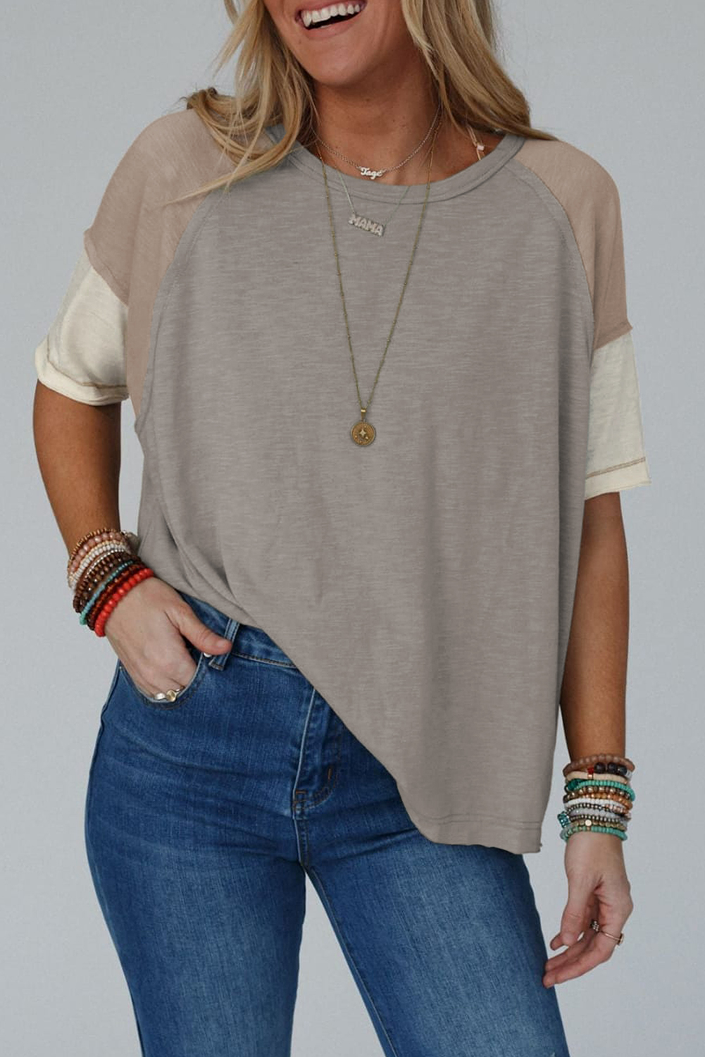 Shewin Wholesale Southern Simply Taupe Exposed Seam Patchwork Loose Tee