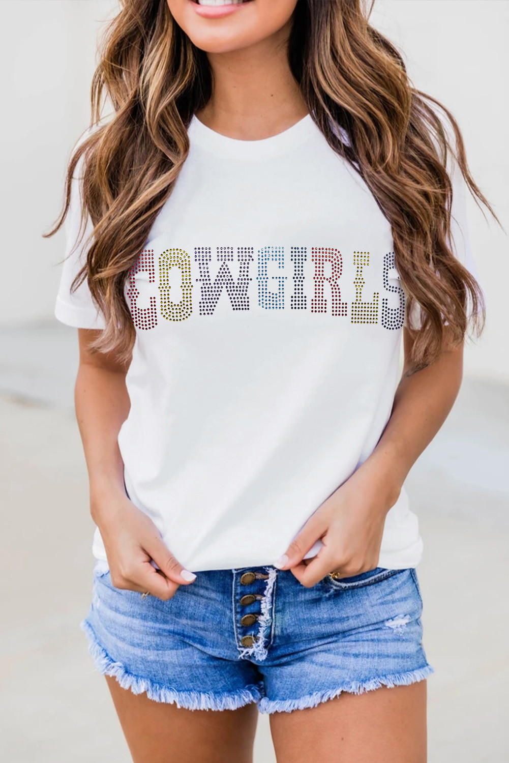 White Rhinestone COWGIRLS Letter Graphic Crewnwck Tee