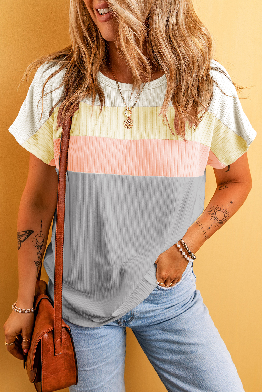 Gray Ribbed Color Block Patchwork Round Neck T SHIRT