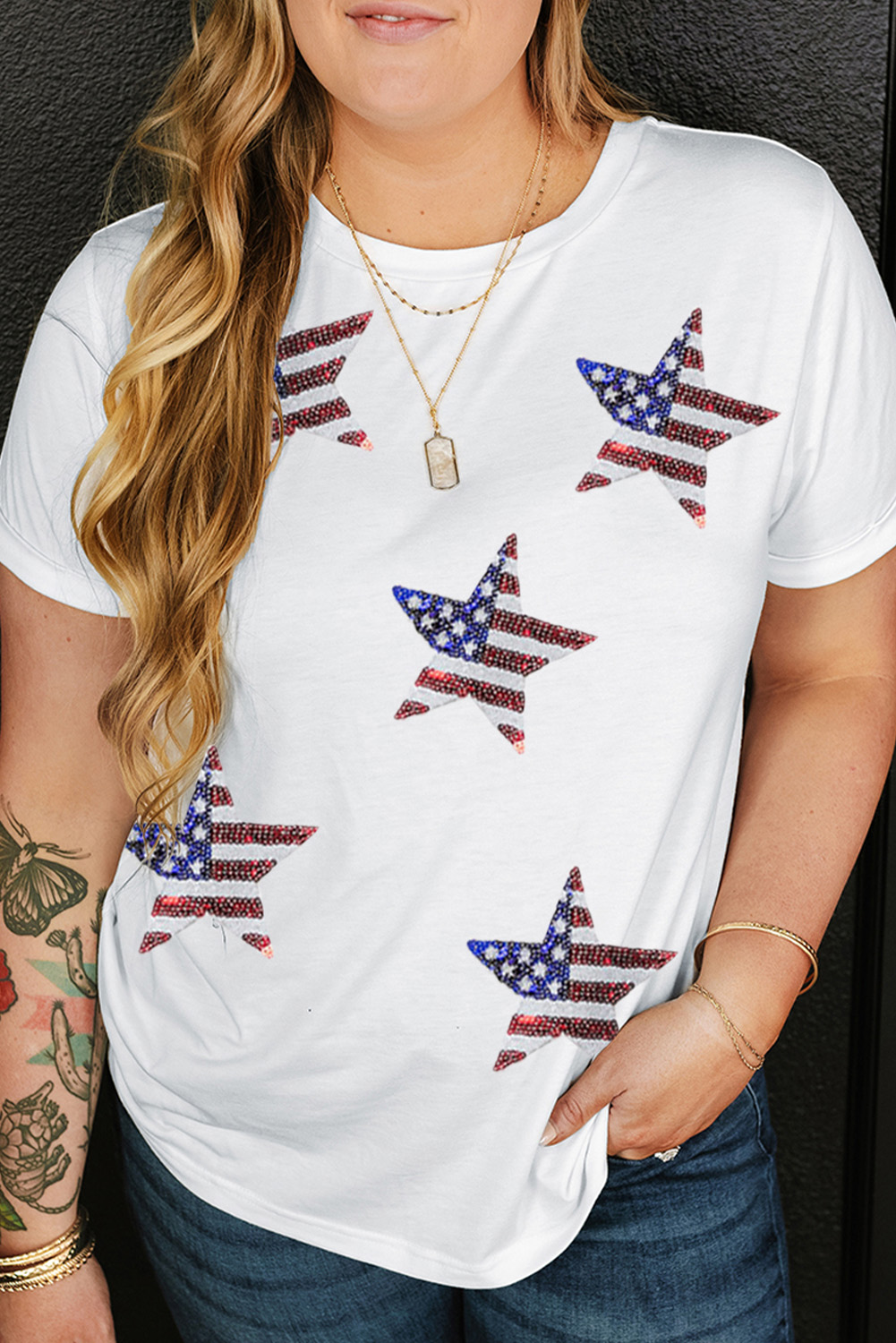 White Sequin American FLAG Star Graphic Plus Size Tee