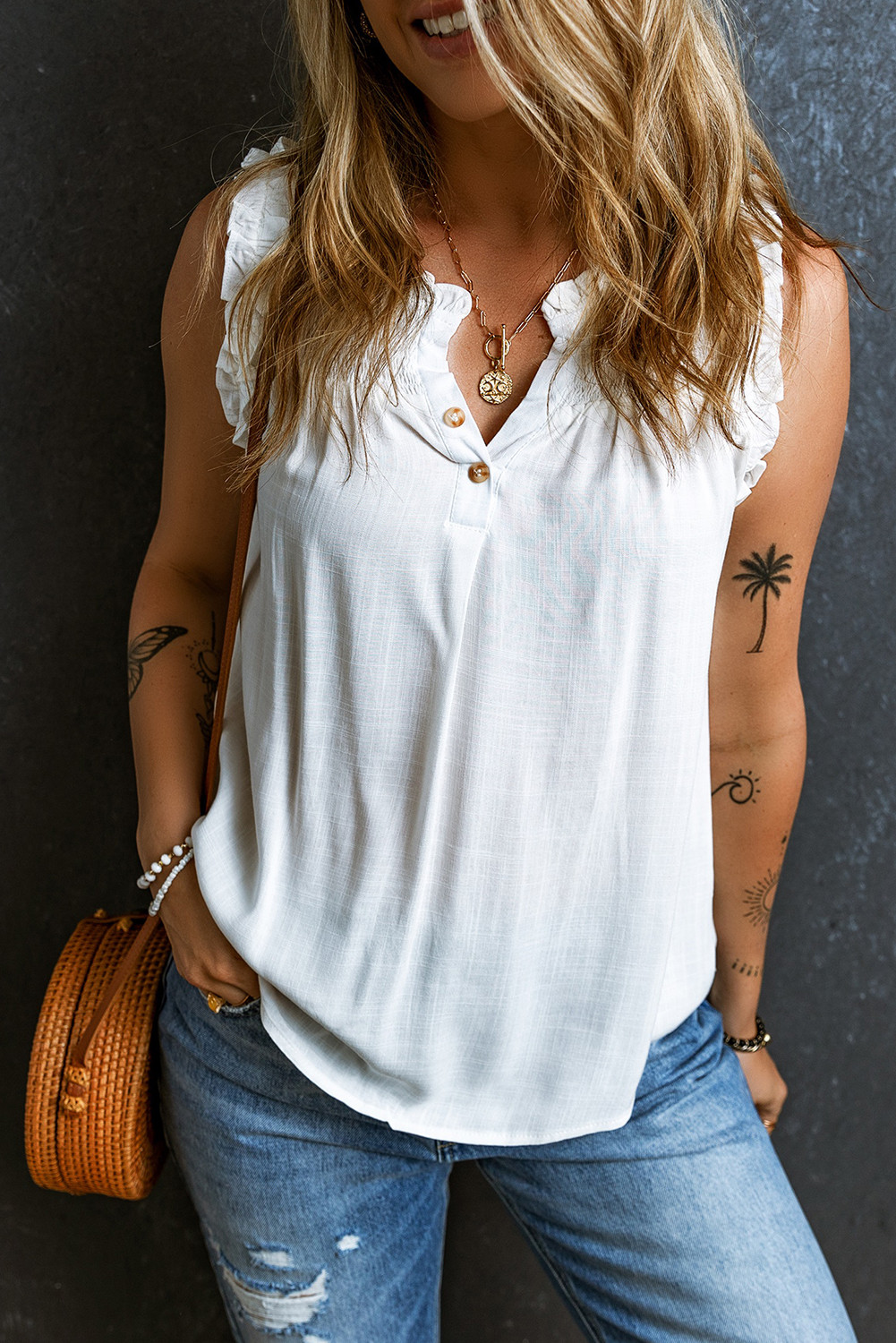 White Button Split Neck Frill Trim Sleeveless Shirt