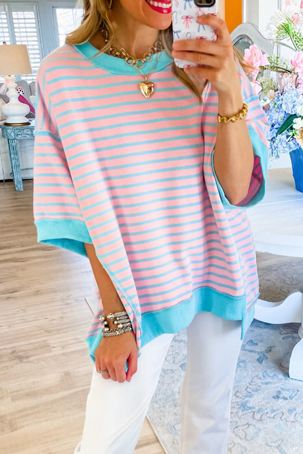 Shewin Wholesale Dropshipping Pink Stripe Colorblock Drop Sleeve Oversized T SHIRT