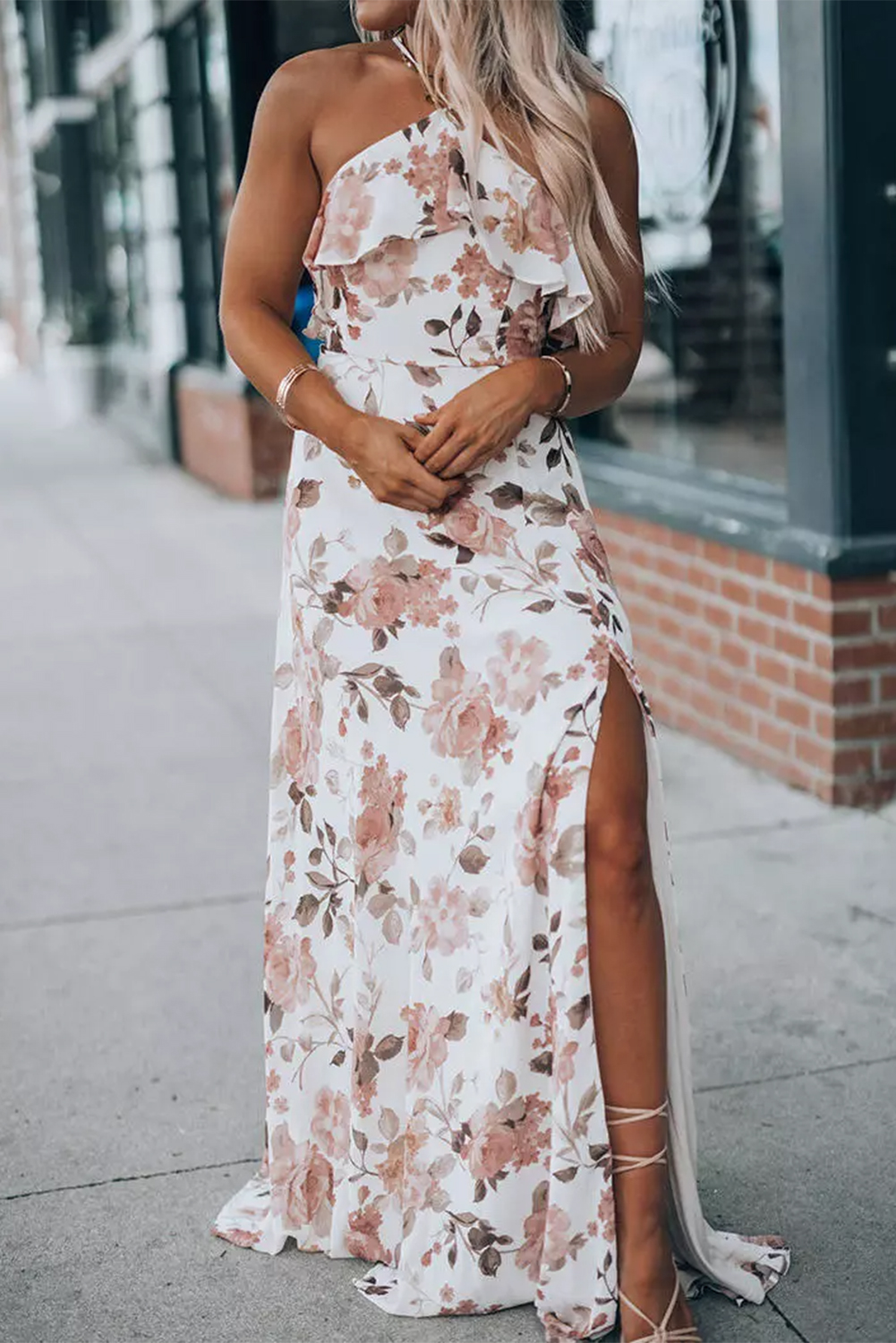 Shewin Wholesale Fall White Floral Slit Ruffled Halterneck Maxi DRESS