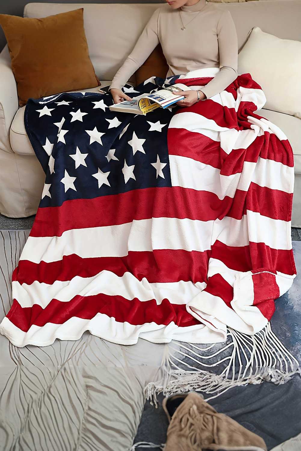 Shewin Wholesale Trendy Fiery Red American FLAG Bed Sofa Blanket 150*200cm