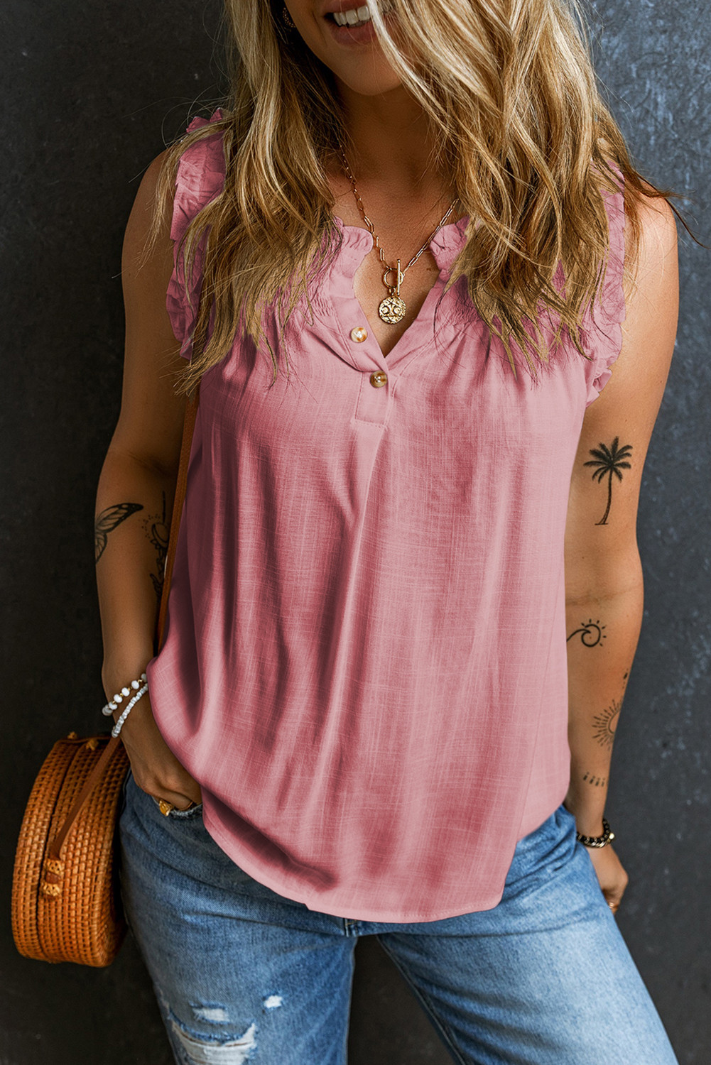Pink Button Split Neck Frill Detail Sleeveless Top