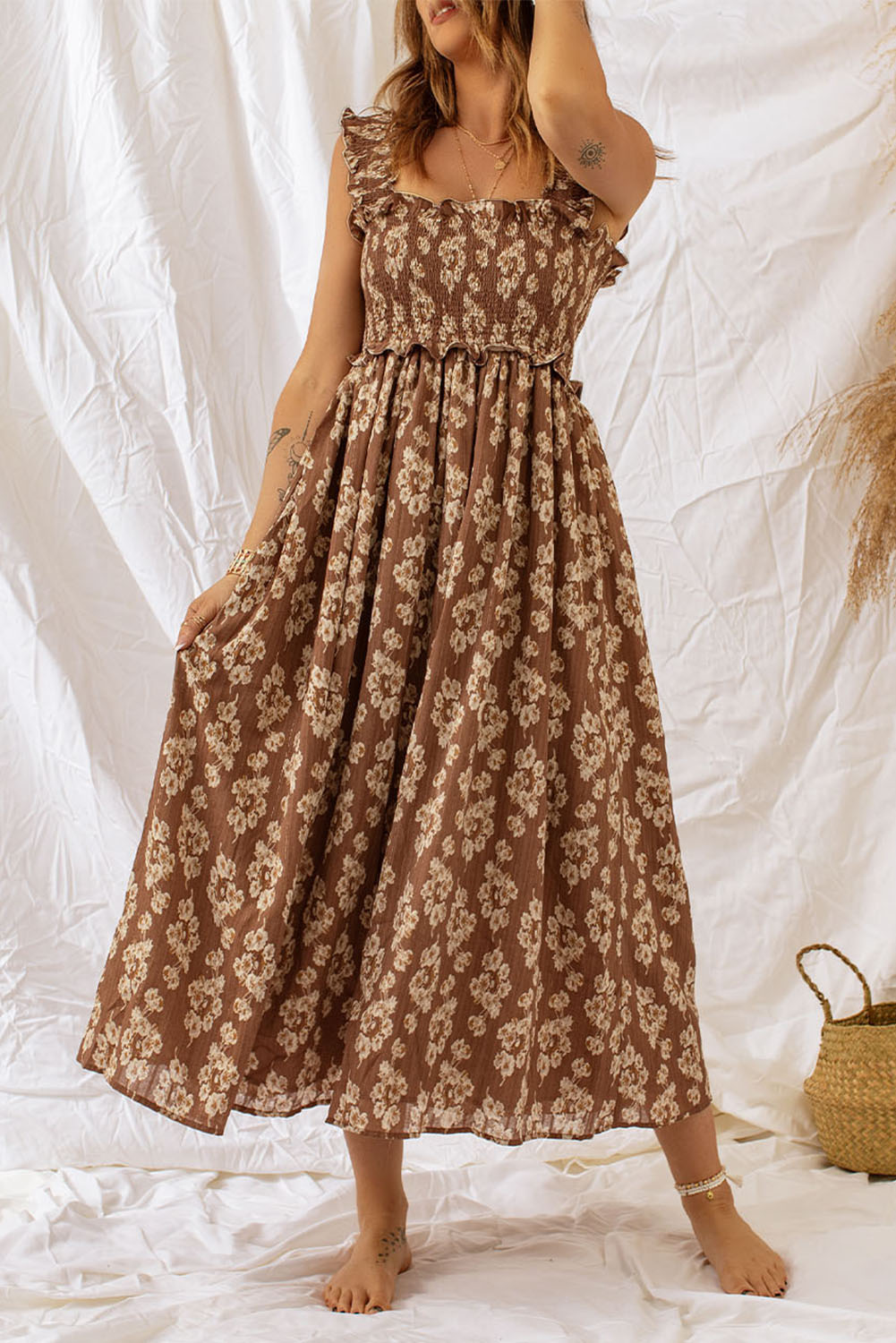 Brown Floral Print Casual Ruffle Straps Smocked Midi DRESS