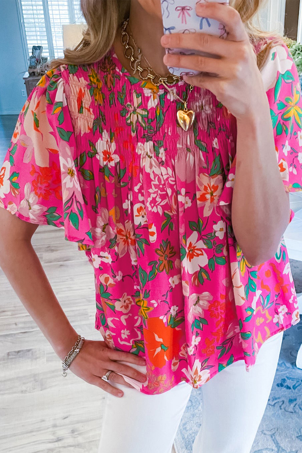 Shewin Wholesale CHIC Women Pink Floral Print Flounce Sleeve Smocked Blouse