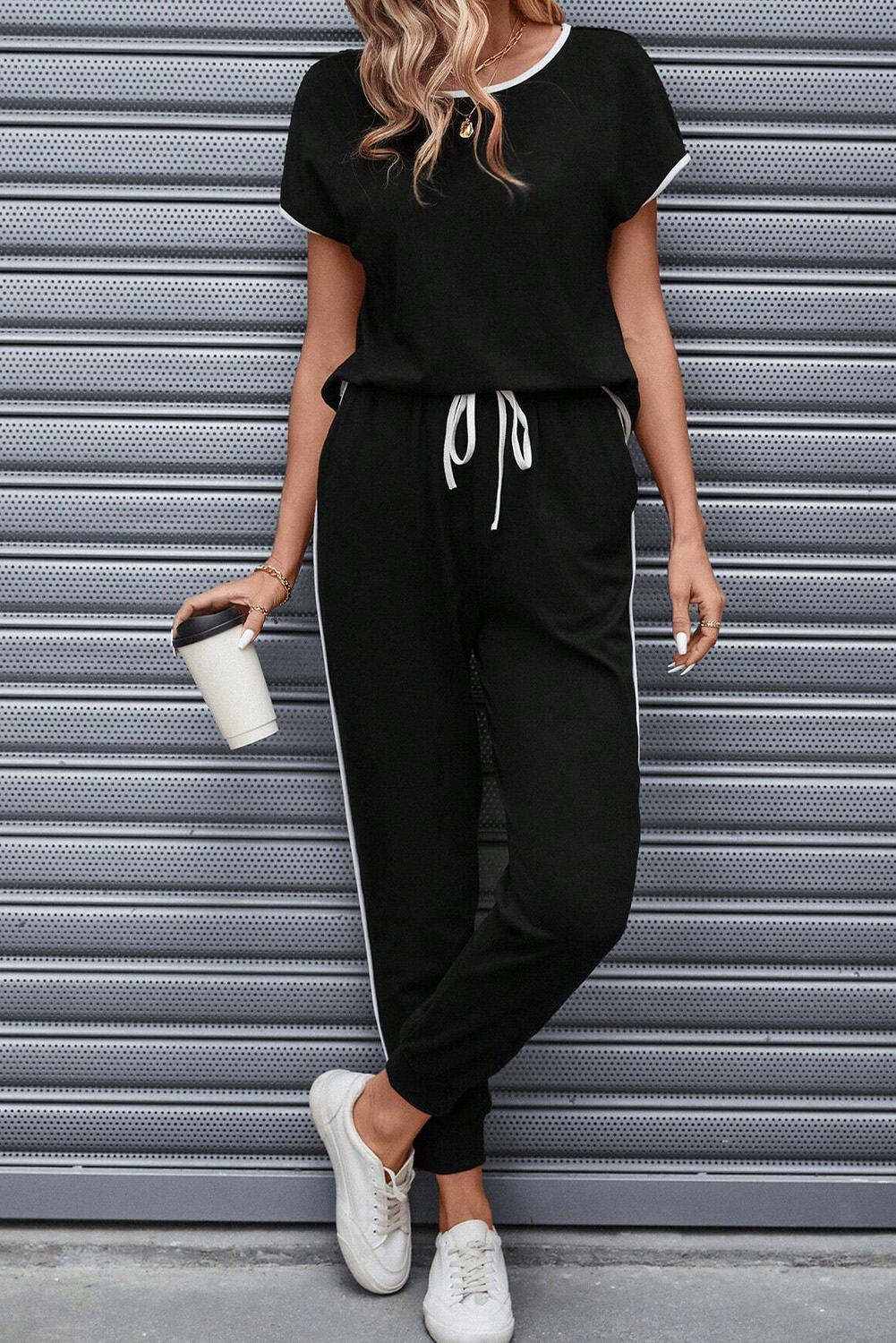 Black Contrast Trim Top & Drawstring PANTS Set