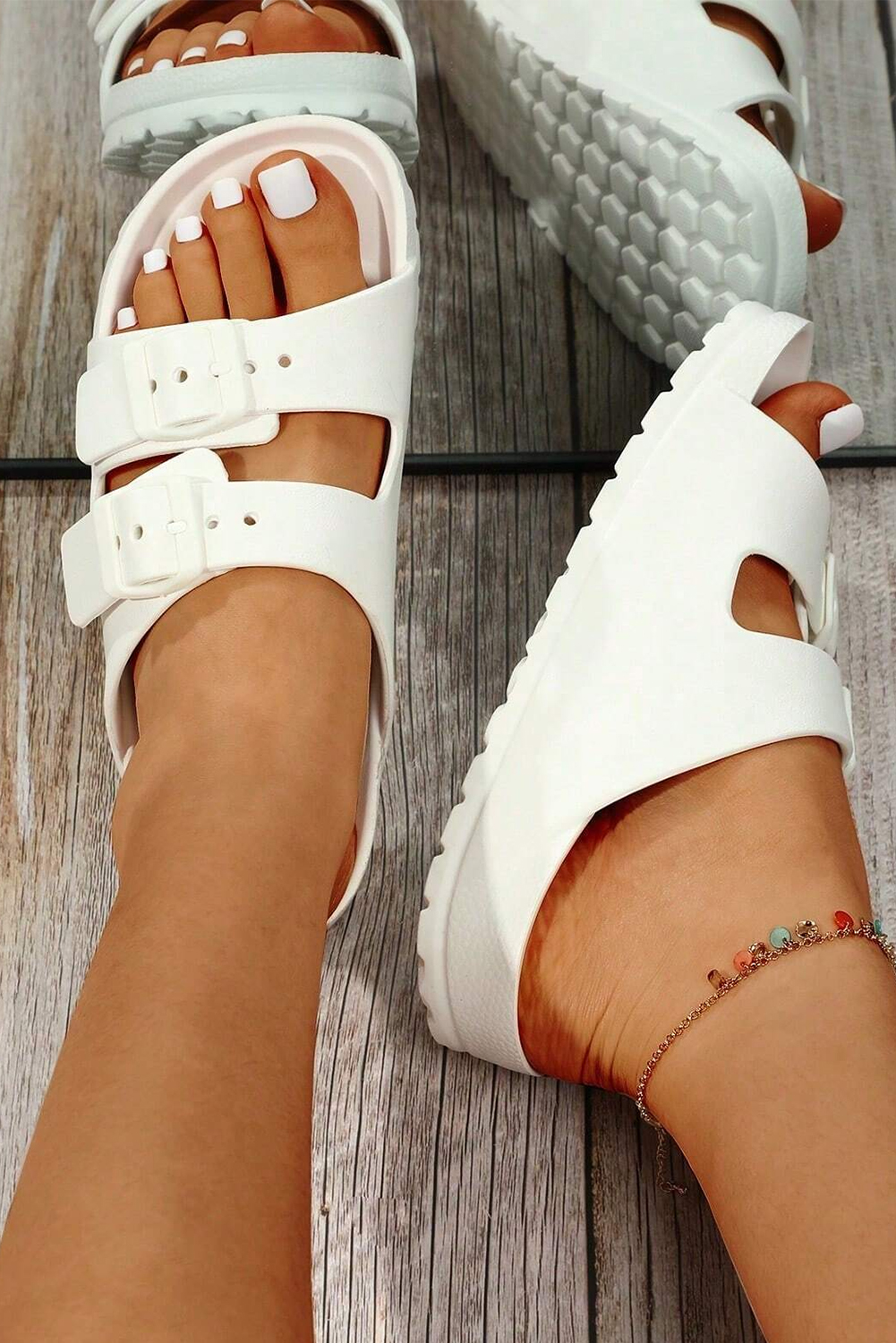 White Solid Color Buckle Straps Beach Slides SHOES