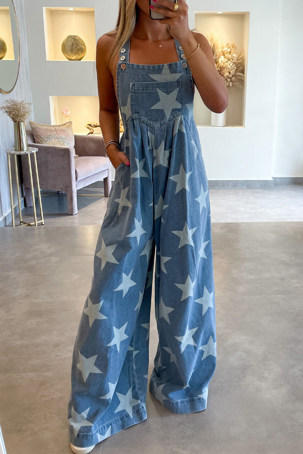 White Star Print Button Strap Pleated Wide Leg DENIM Overall