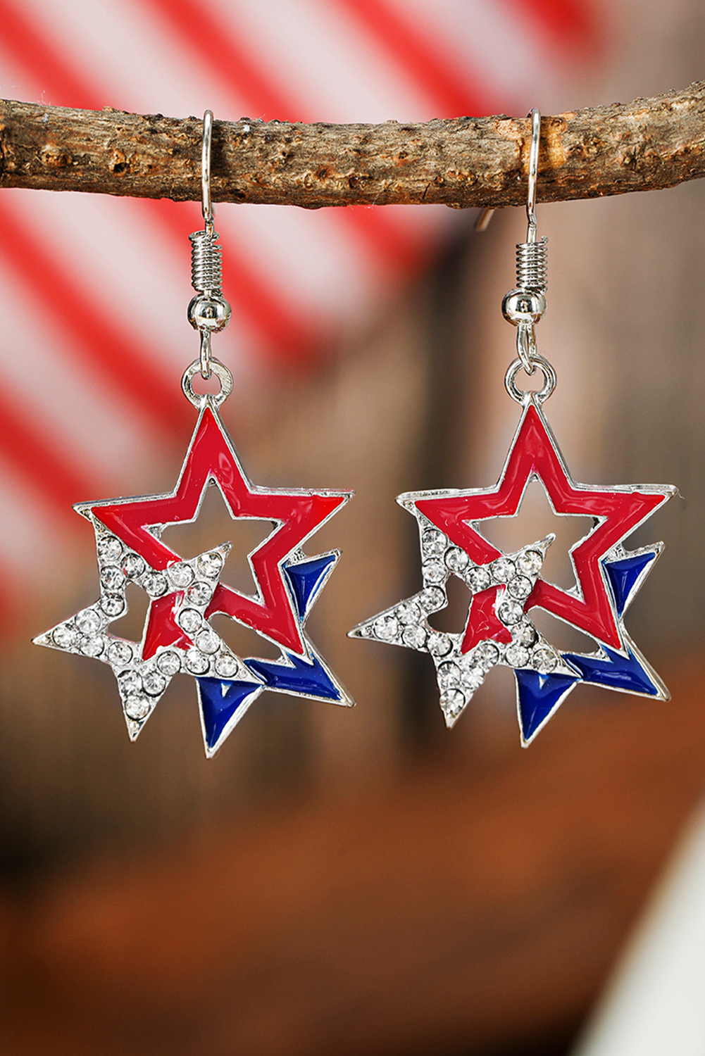Shewin Wholesale Western Fiery Red American FLAG Rhinestone Star Dangle Earrings
