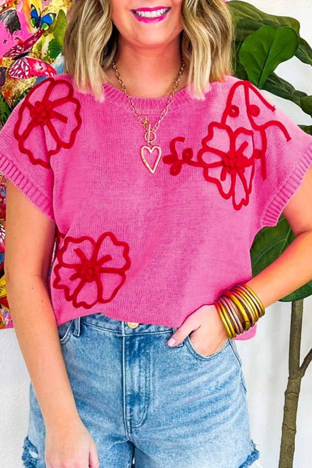 Bright Pink Contrast Trim FLOWER Knit Top