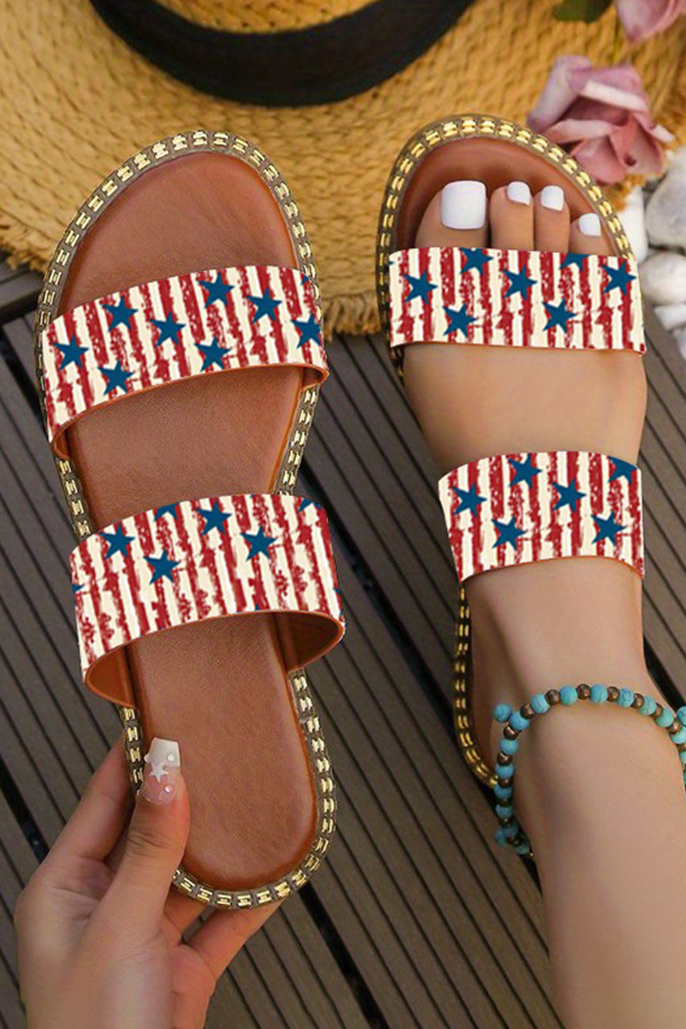 Fiery Red American Flag Print Double Band Flat Slides SHOES