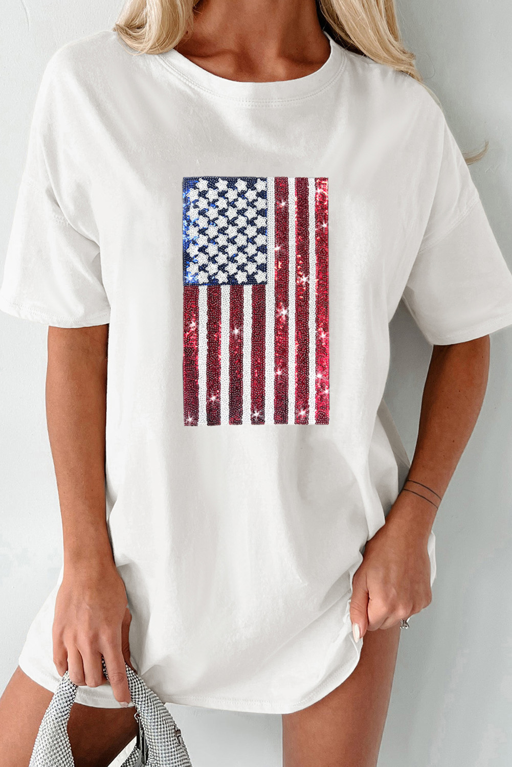 White Sequined American FLAG Graphic Crewneck Oversized Tee