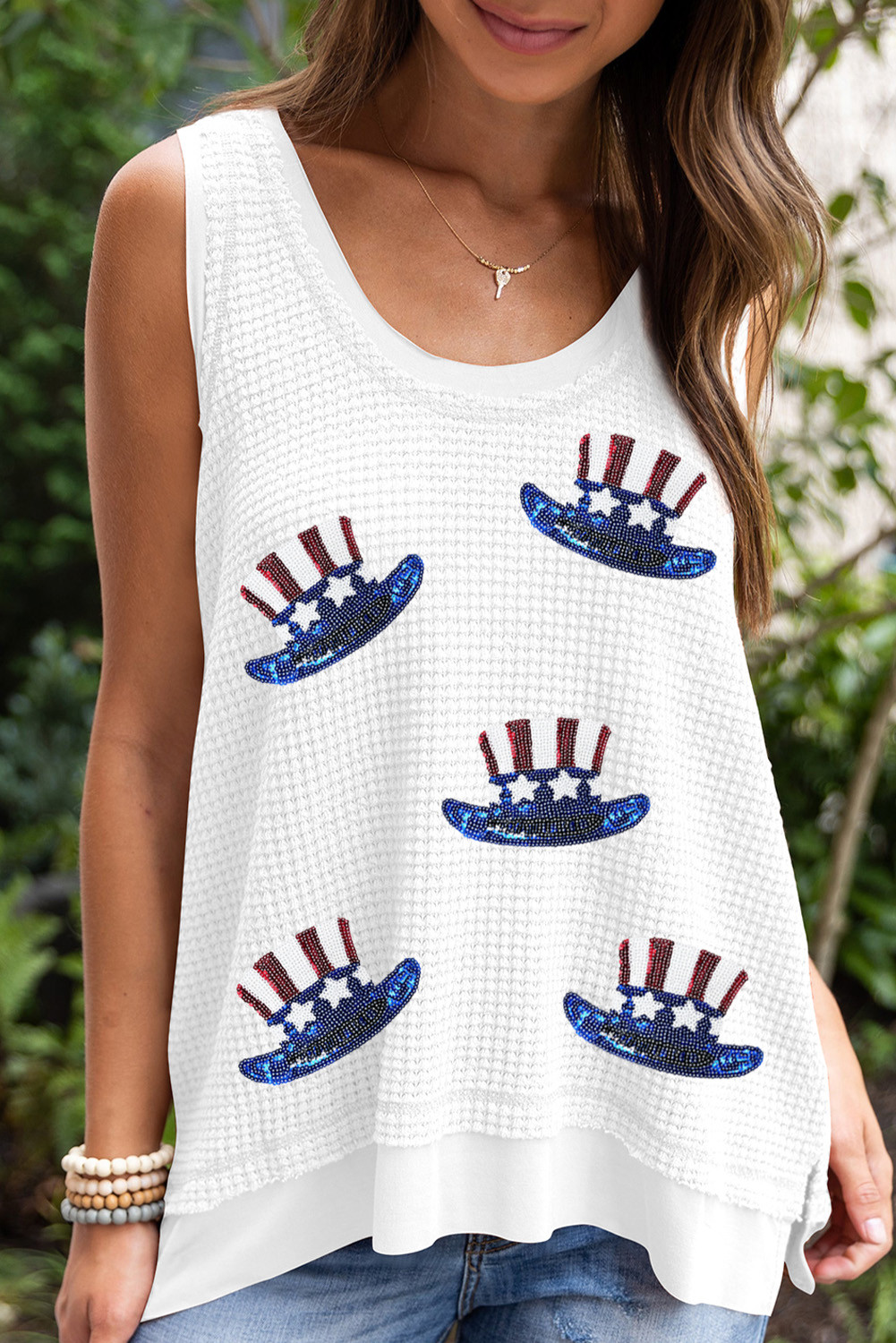 White Waffle Knit Sequin USA Flag Graphic Loose Fit Tank Top