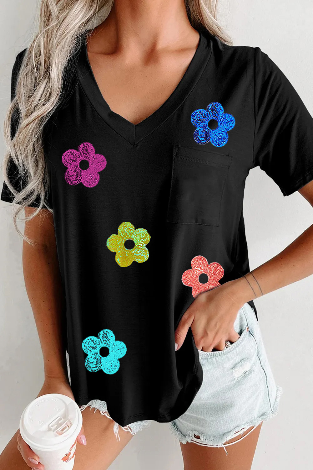 Black Sequined 60s VINTAGE Flower Graphic Pocketed V Neck T Shirt