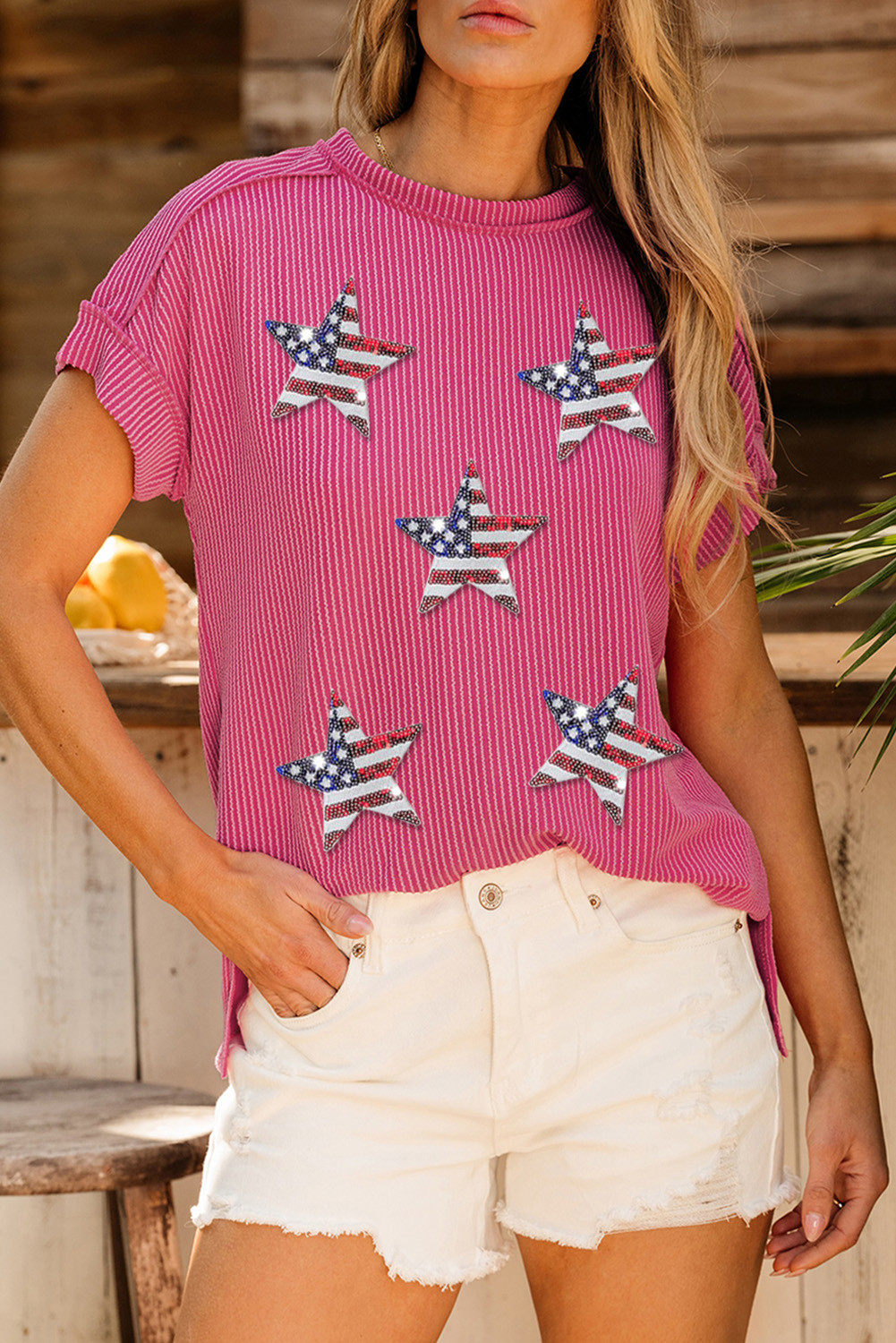Rose Red Ribbed Sequin American Flag Star Shape Graphic Tee