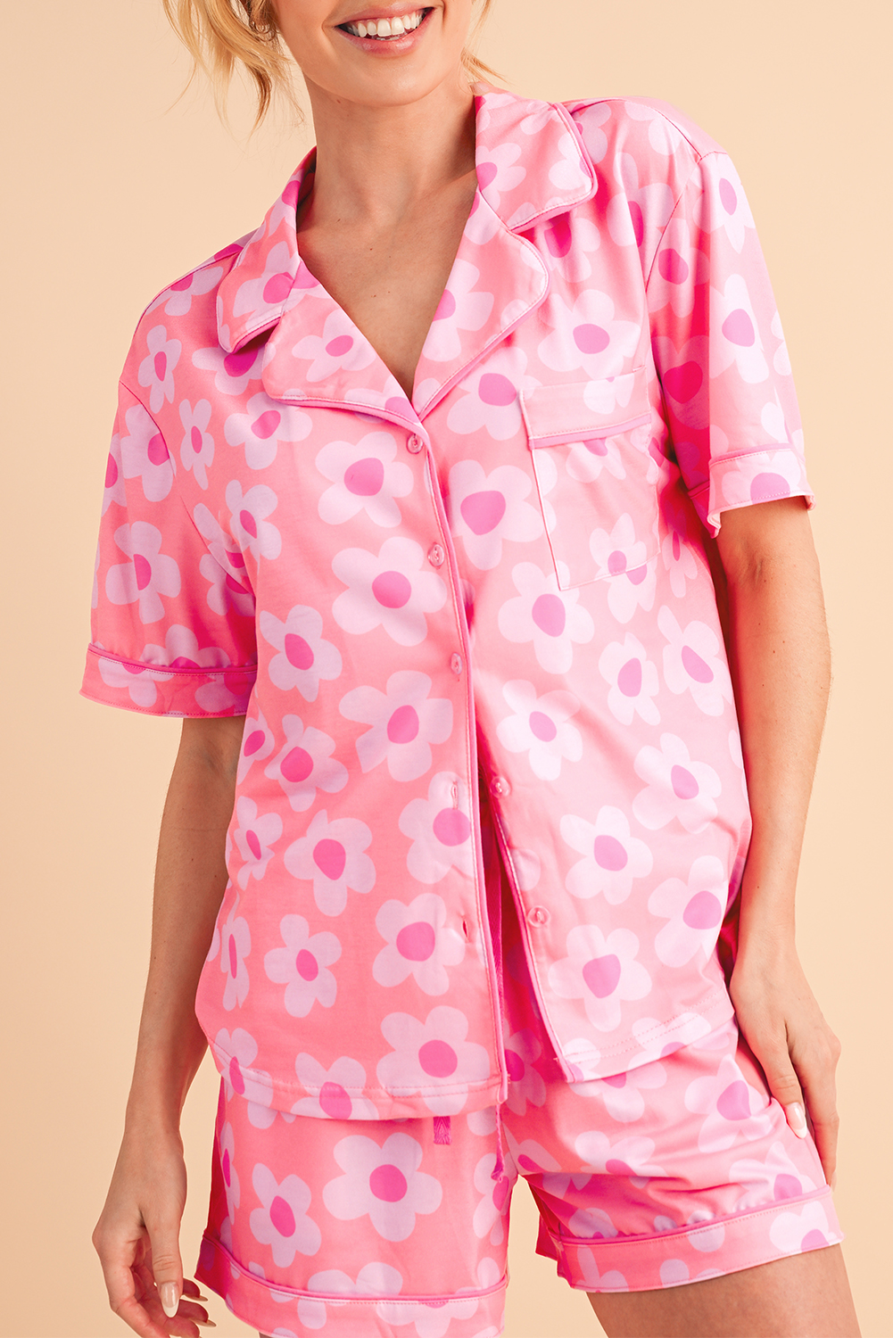 Shewin Wholesale Chic Women Pink 60s FLOWER Print Buttoned Shirt and Drawstring Waist Pajama Set