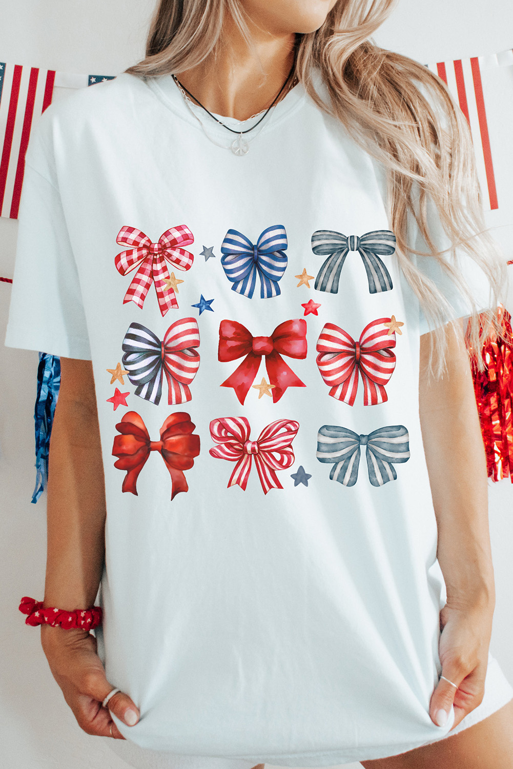 White American FLAG Strip & Star Bow Knot Graphic Tee