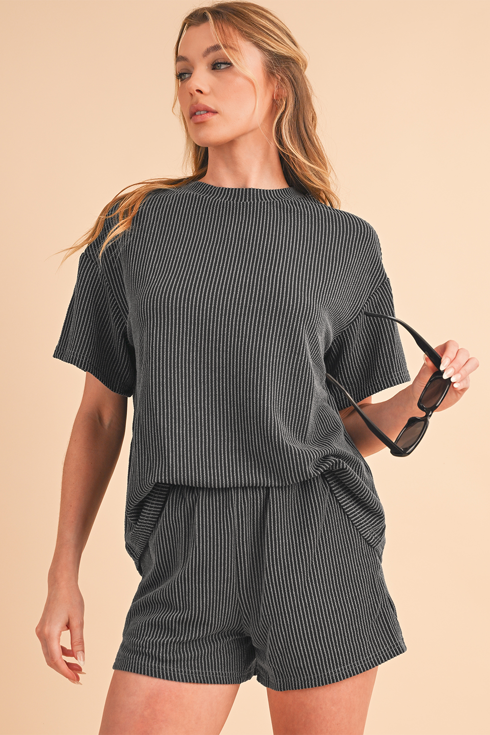 Carbon Grey Ribbed Textured Loose Fit Tee & SHORTS Set