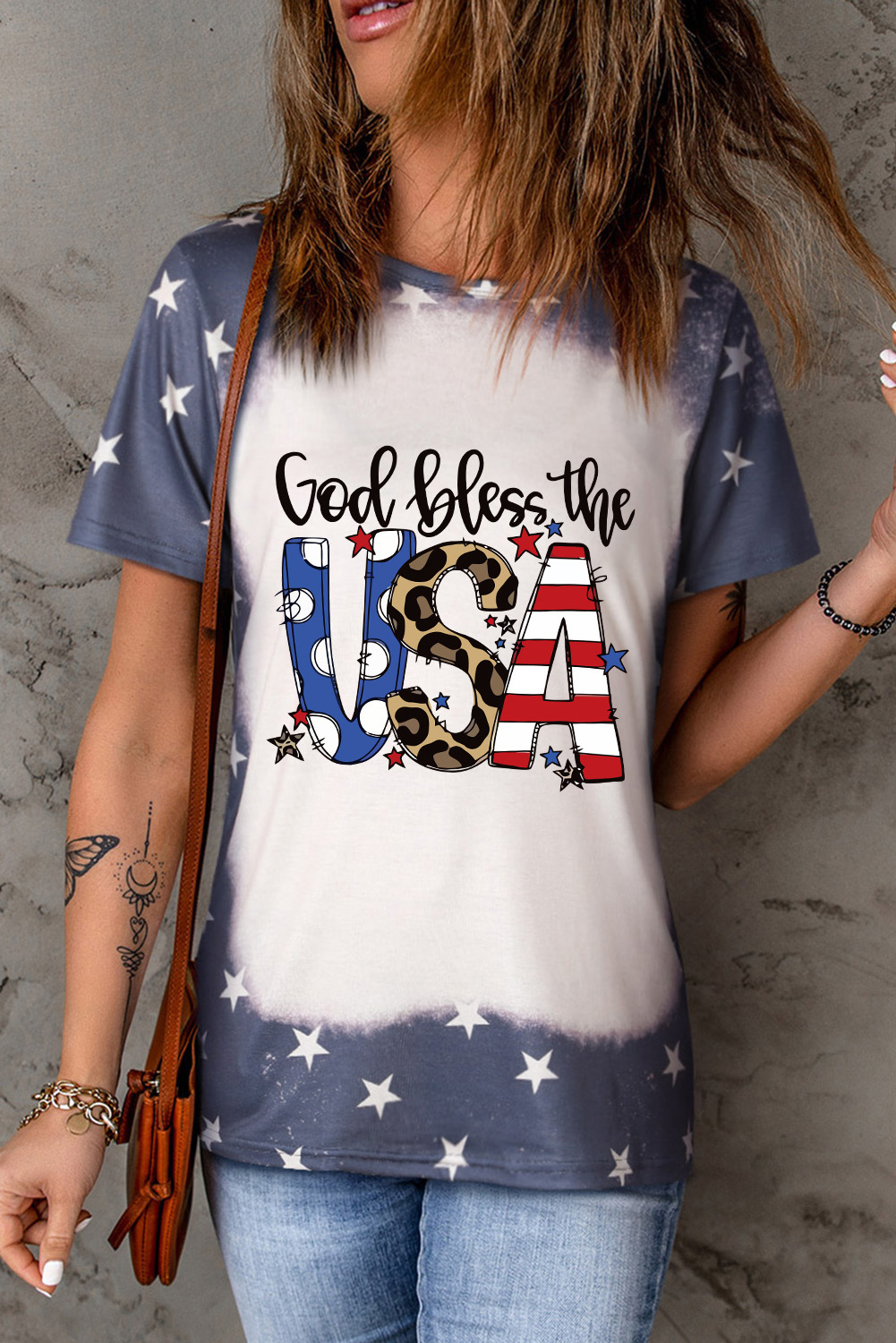 Blue God Bless the USA Graphic Bleached T SHIRT