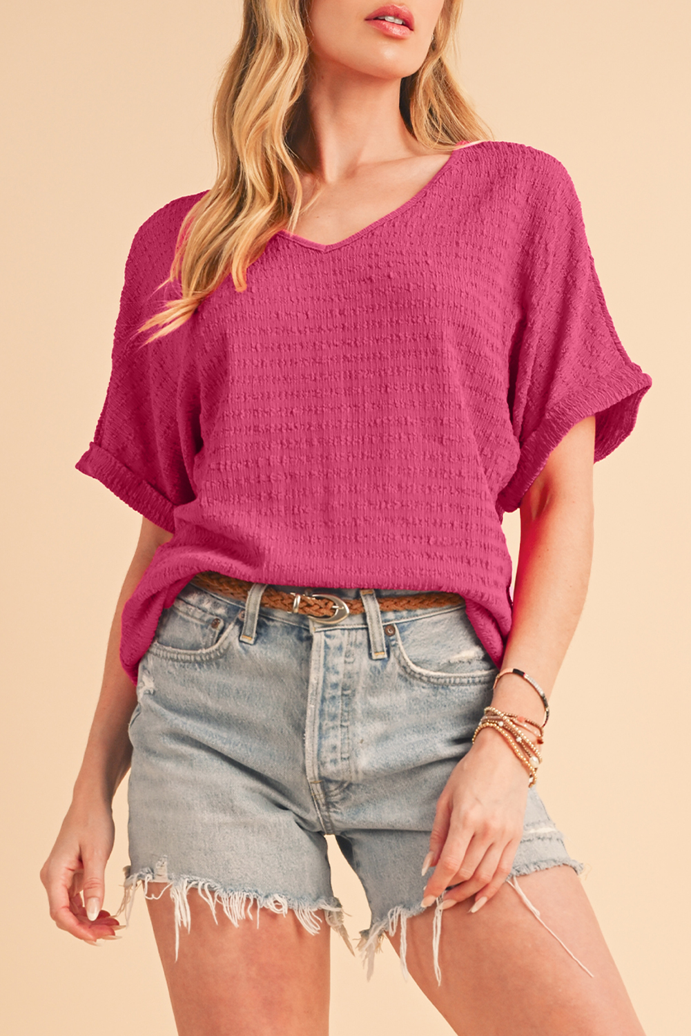 Shewin Wholesale Dropship Bright Pink Textured Rolled Sleeve V Neck T SHIRT